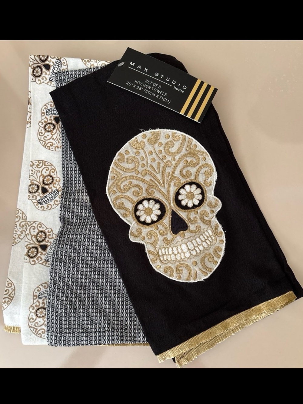 Max Studio Black and Gold Embroidered Sugar Skull Towel Set